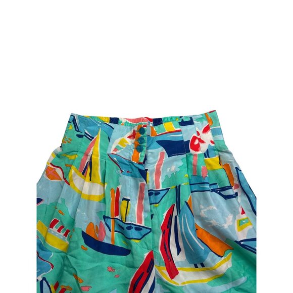 Oscar De La Renta Expressions Womens Silk Shorts Colorful Sailboat Print Elastic - Picture 2 of 6